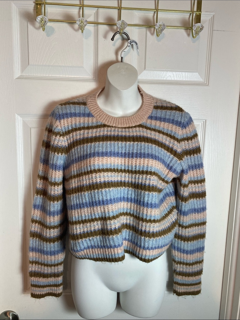 Mango Striped Ribbed Crewneck Sweater in Blue, Pink & Brown Size Medium